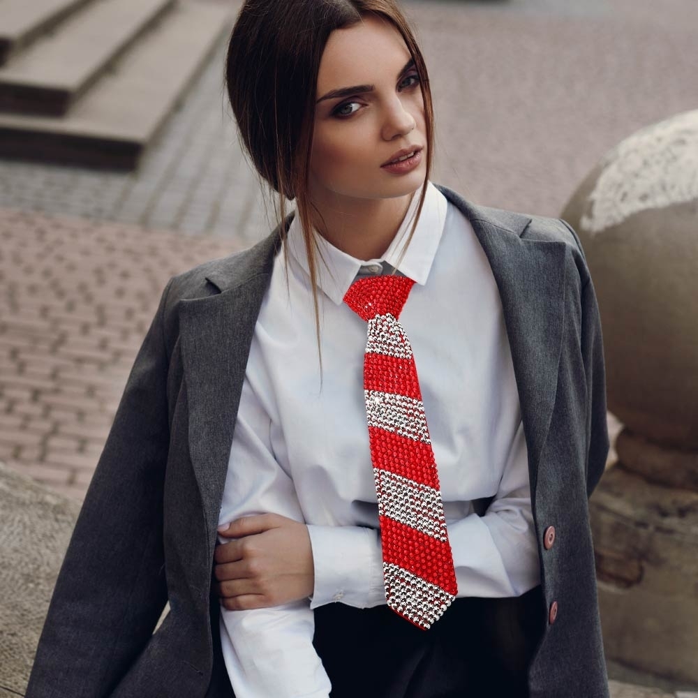 Red Stripe Crystal Bling Rhinestones Tie Necklace Chain Statement Jewelry